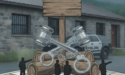 Illustration of handcuffs and gavels before a police vehicle and station, with Vermont State Police Shaftsbury Barracks co…