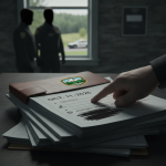 A hand points to a report log with a Vermont State Police emblem, while two sil — Vermont State Police Shaftsbury Barracks