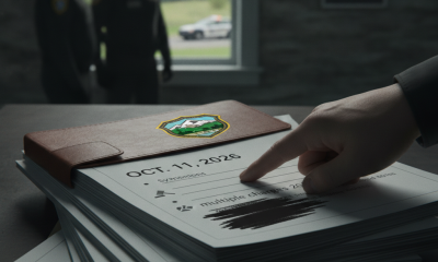 A hand points to a report log with a Vermont State Police emblem, while two sil — Vermont State Police Shaftsbury Barracks
