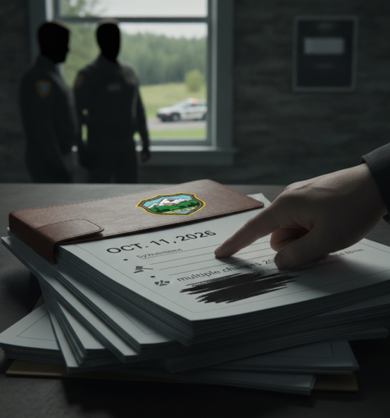 A hand points to a report log with a Vermont State Police emblem, while two sil — Vermont State Police Shaftsbury Barracks