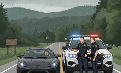 Illustration of two state troopers beside a patrol SUV and sports car on a wooded Vermont — Sunderland VT excessive speed