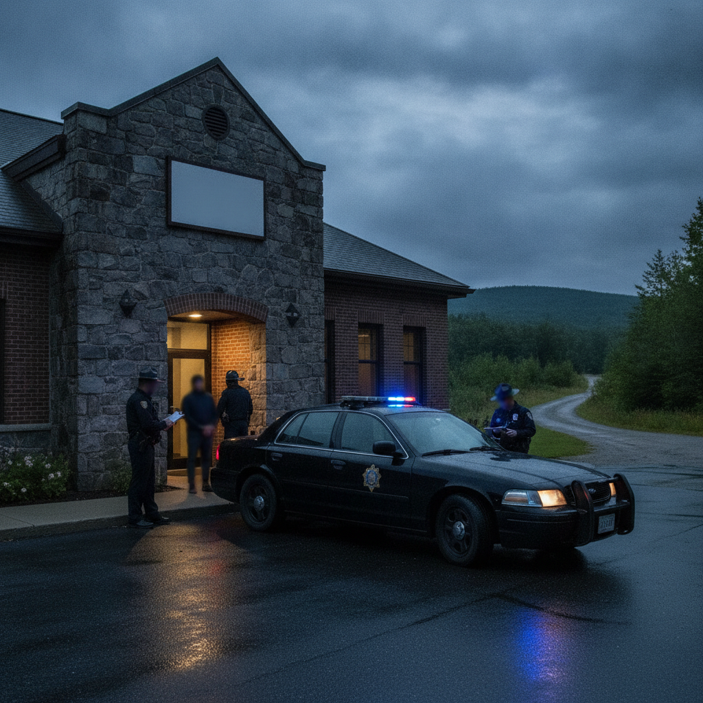 Vermont State Police Shaftsbury Barracks building with officers and a patrol car under a cloudy evening sky