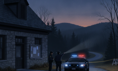 Two state troopers investigate near a police car outside a stone building in a rura — Shaftsbury VT burglary investigation