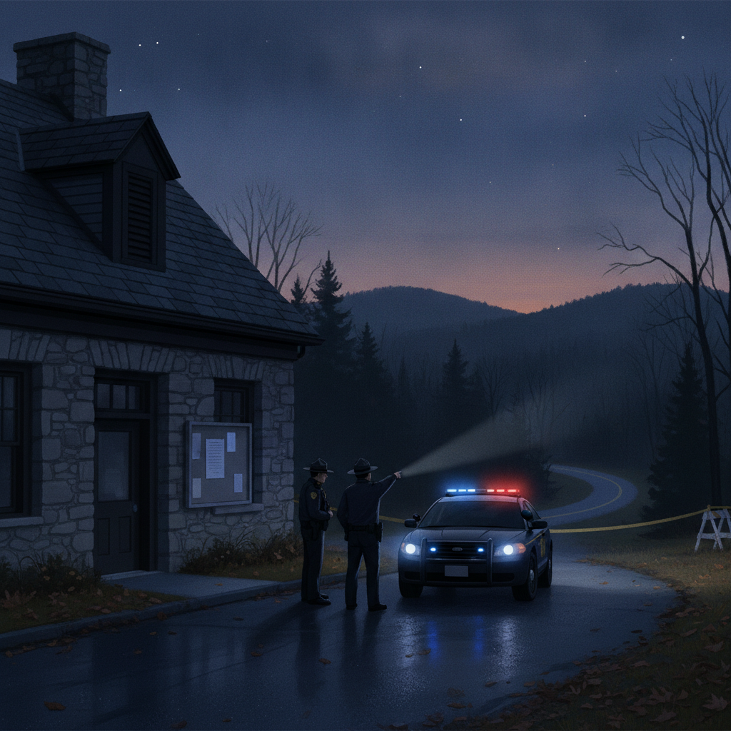 Two state troopers investigate near a police car outside a stone building in a rura — Shaftsbury VT burglary investigation