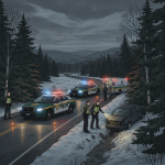 Shaftsbury VT crash scene illustration with state police cruisers, an ambulance, responders, and a car off the snowy road.