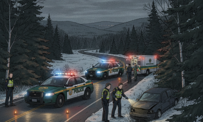 Shaftsbury VT crash scene illustration with state police cruisers, an ambulance, responders, and a car off the snowy road.