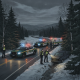 Shaftsbury VT crash scene illustration with state police cruisers, an ambulance, responders, and a car off the snowy road.