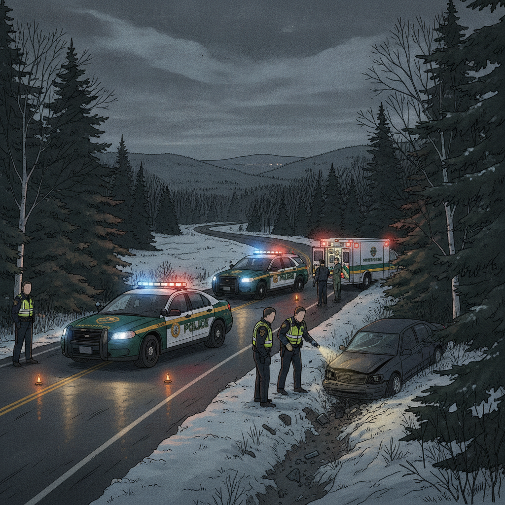 Shaftsbury VT crash scene illustration with state police cruisers, an ambulance, responders, and a car off the snowy road.