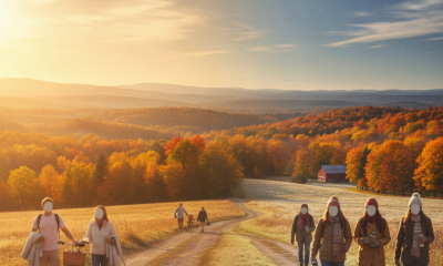People walking along a rural path in Bennington County, surrounded by autumn foliag — Bennington County VT weekend weather