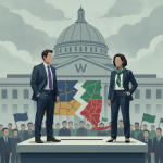 Illustration of two candidates facing off before a government building and a col — Westchester County Legislature Election