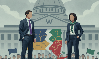 Illustration of two candidates facing off before a government building and a col — Westchester County Legislature Election