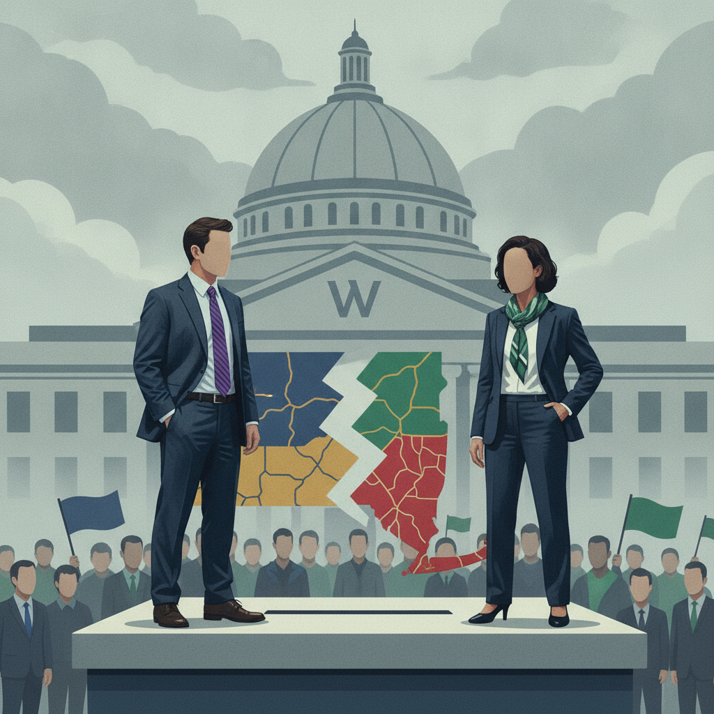 Illustration of two candidates facing off before a government building and a col — Westchester County Legislature Election