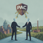Two faceless businessmen shake hands over a river, with a PAC logo and money flowing above the — Albany lobbying super PAC