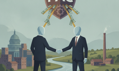 Two faceless businessmen shake hands over a river, with a PAC logo and money flowing above the — Albany lobbying super PAC