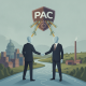 Two faceless businessmen shake hands over a river, with a PAC logo and money flowing above the — Albany lobbying super PAC