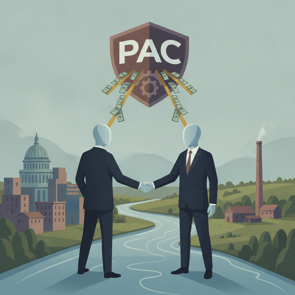 Two faceless businessmen shake hands over a river, with a PAC logo and money flowing above the — Albany lobbying super PAC